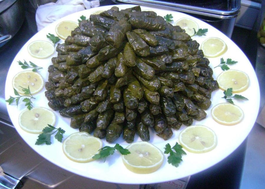 plate with Greek 'dolmadakia', stuffed grape vine leaves at 'Agrotouristic Women's Cooperative of Mesotopos Lesvos'